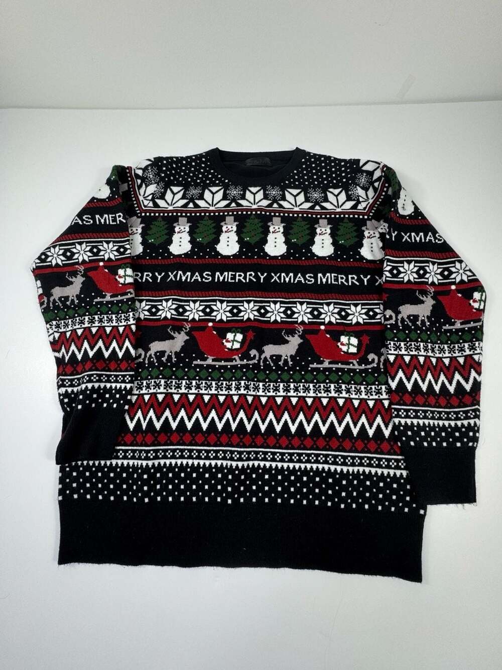 B&M Black Ugly Christmas Sweater Reindeer Snowman XL